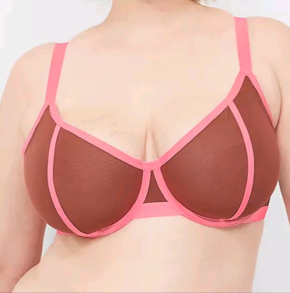 NWT Lane Bryant Cacique Sheer Mesh Unlined Demi Bra Brown Pink Size 38B